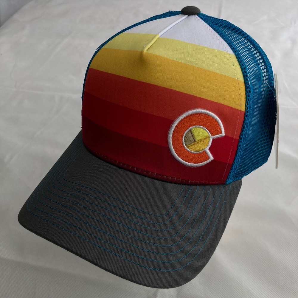 Yo Colorado Retro Sunset Gradient Trucker Hat Snapback Blue Mesh Grey Brim NWT